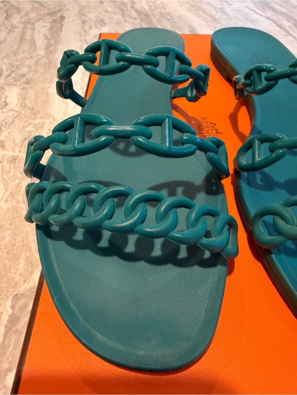 Hermès Rivage Teal Chain Strap Slides 37 - Picture 3 of 11